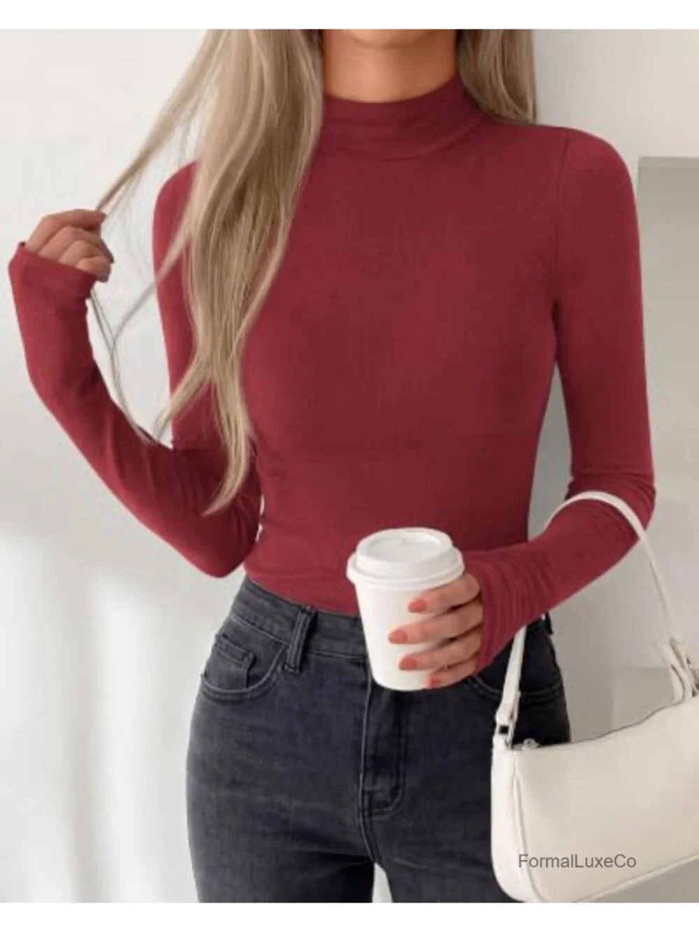 Women's Turtleneck Thumbhole Long Sleeve Top - Fleece Lined Slim Fit Thermal